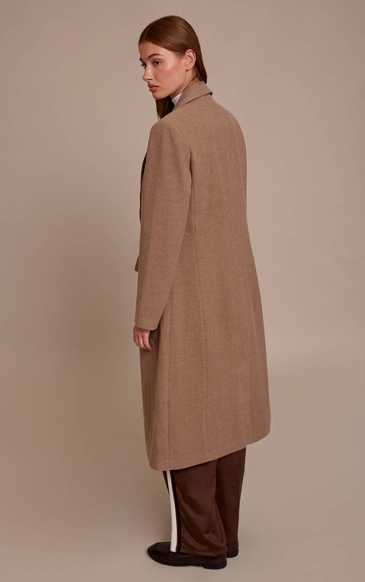 Taupe Manteau Long À Carreaux Aspect Laine Avec Détails De Coutures Et Boutonnage Simple