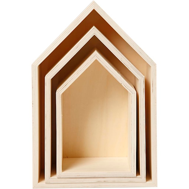 Oppbevaringskasser, hus, H: 20,3+25,3+31 cm, D: 10 cm, B: 13+16,2+20 cm, 3 stk./ 1 sett