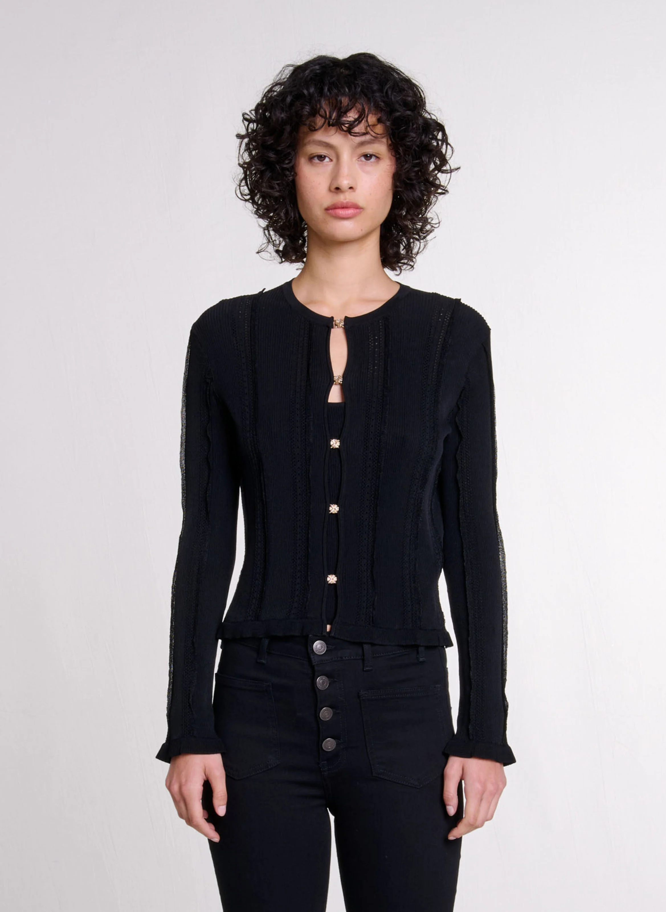 Cardigan droit col rond en maille ajourée | Noir