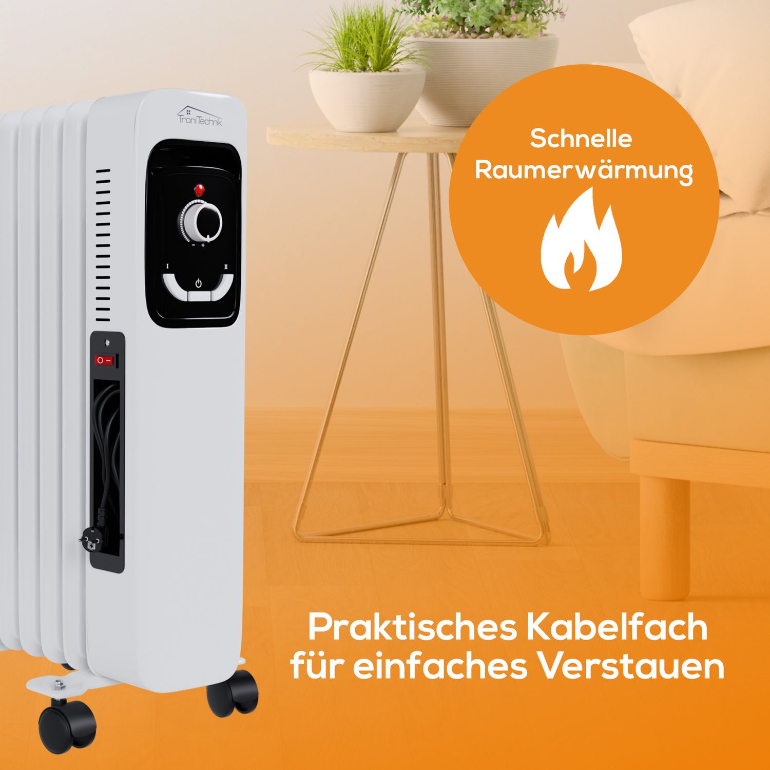 TroniTechnik® Ölradiator Elektroheizung TT-OR 207 in weiß mit 7 Rippen und 1500 Watt, drei Heizstufen (600W, 900W, 1500W)