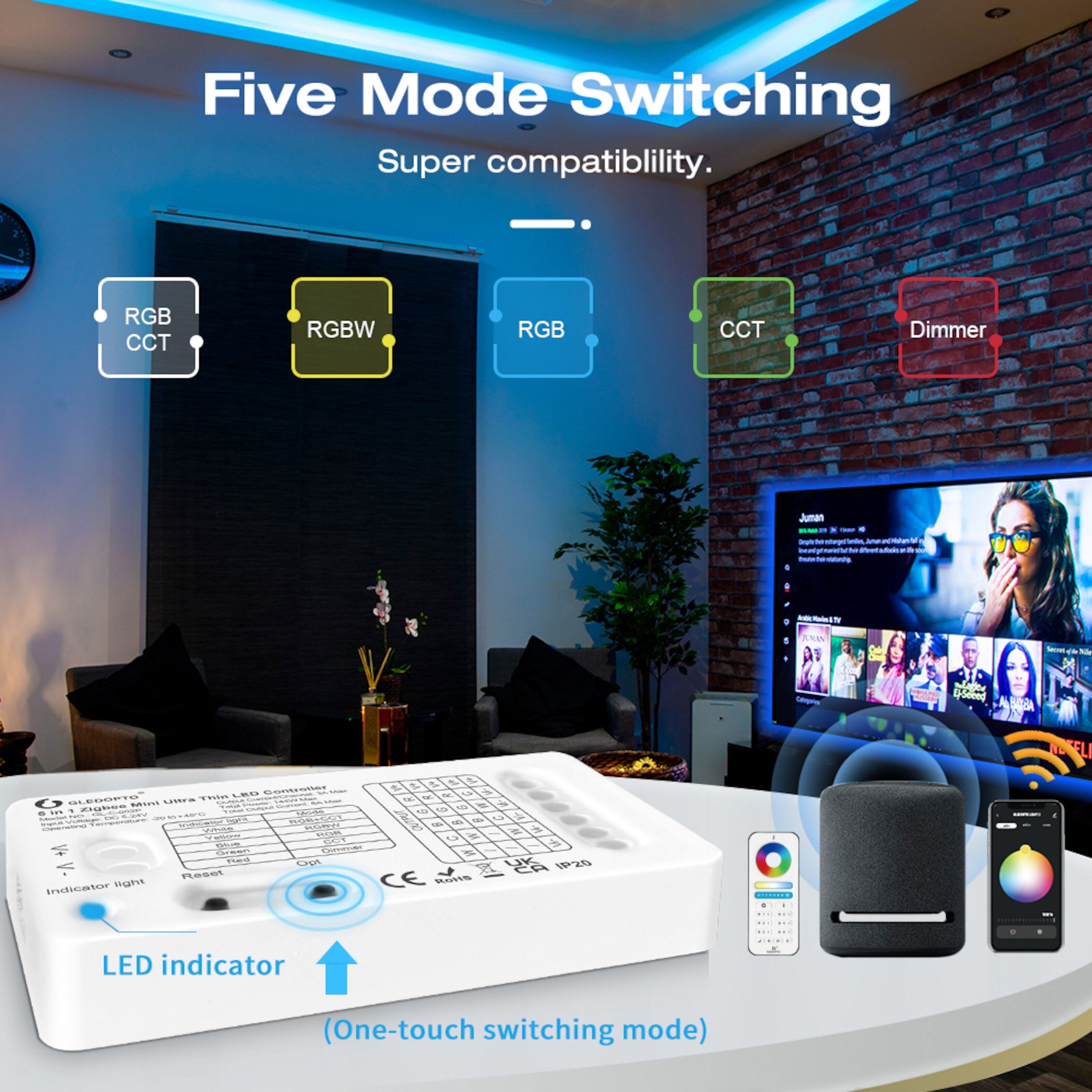 Gledopto 5 in 1 Mini Zigbee-kontroller for LED-belysning