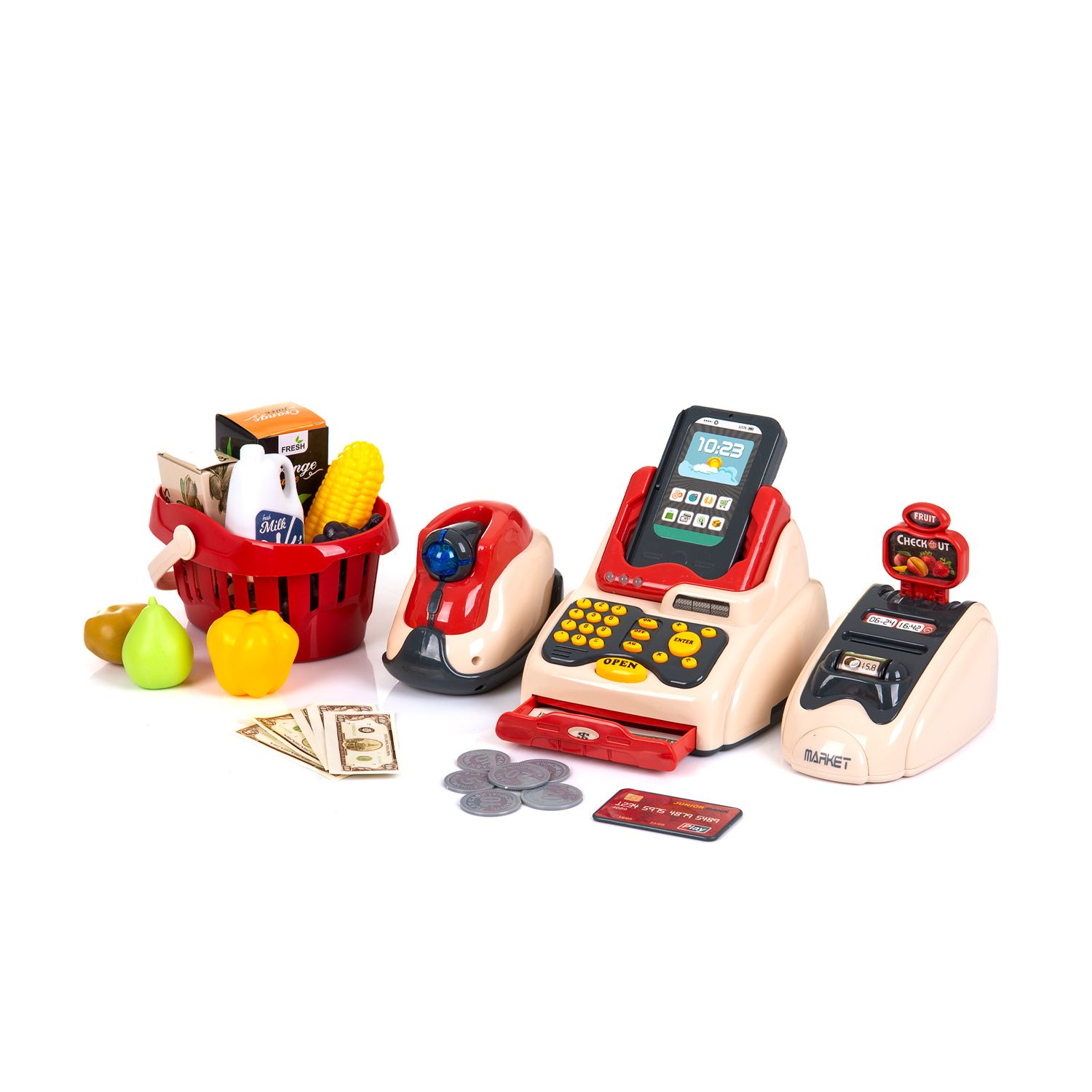 Chipolino Spielzeug Registrierkasse 24-teilig Scanner Kartenleser Obst Korb Geld rot