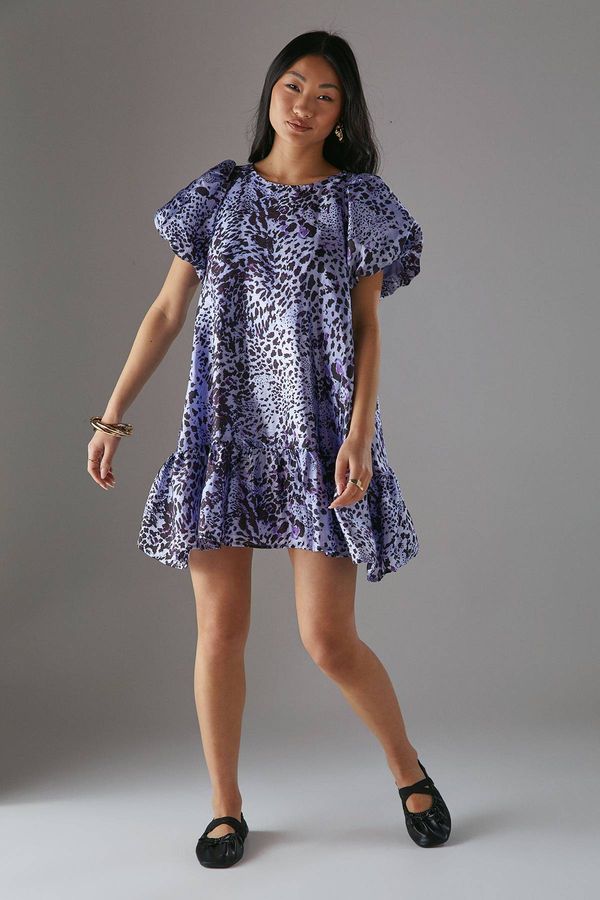 Warehouse Petite Robe Mini Évasée en Organza à Manches Bouffantes