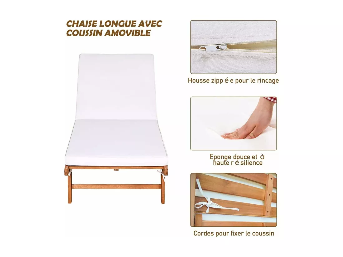 Bains de Soleil Pliable-Bois d'Eucalyptus/Chaise Longue avec Coussin à Roulettes-Dossier Réglable sur 6 Positions-Charge Max 160KG (2 pièces)