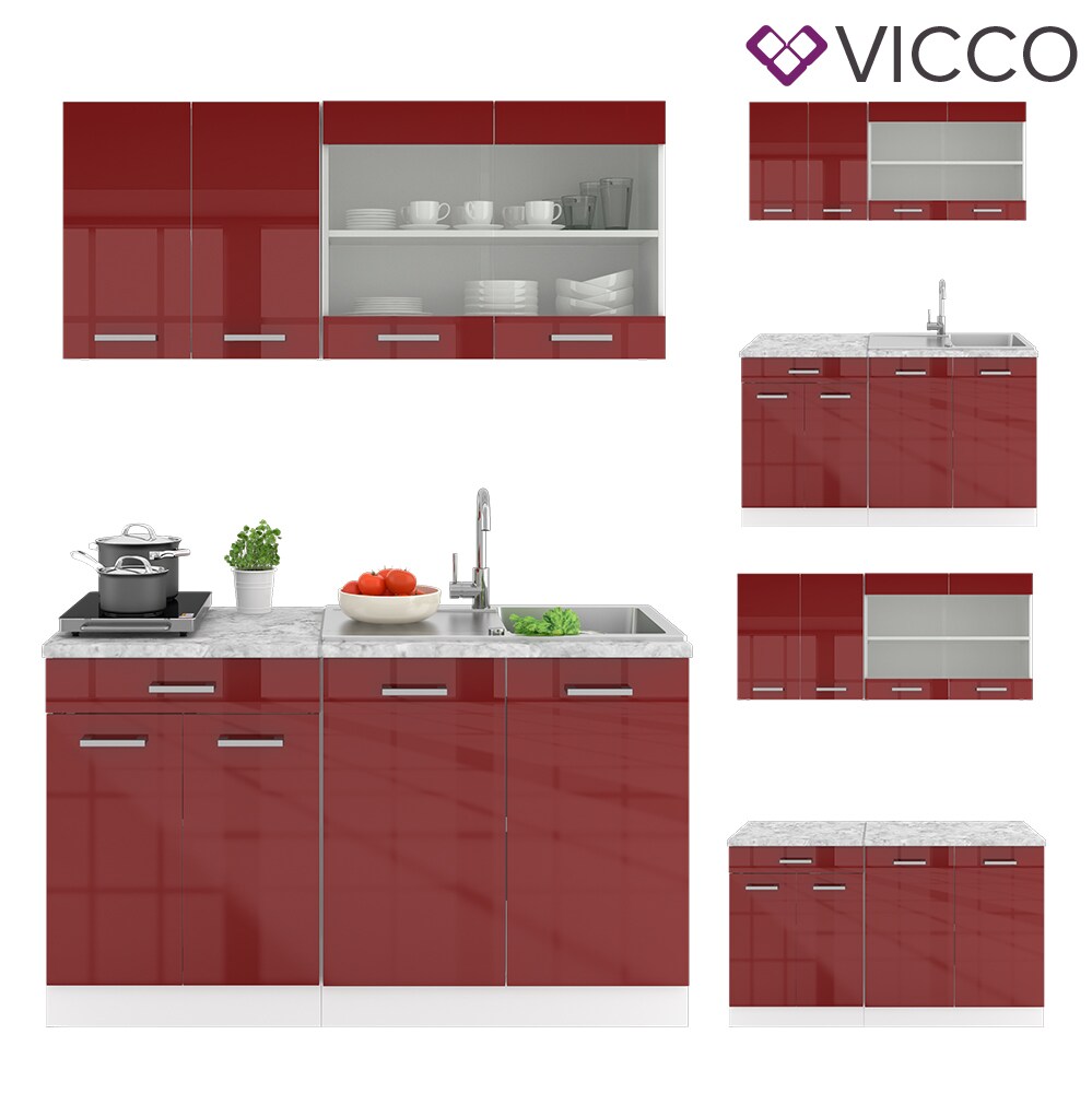 VICCO Küchenzeile SINGLE Einbauküche 140 cm Küche Rot Bordeaux Hochglanz R-LINE
