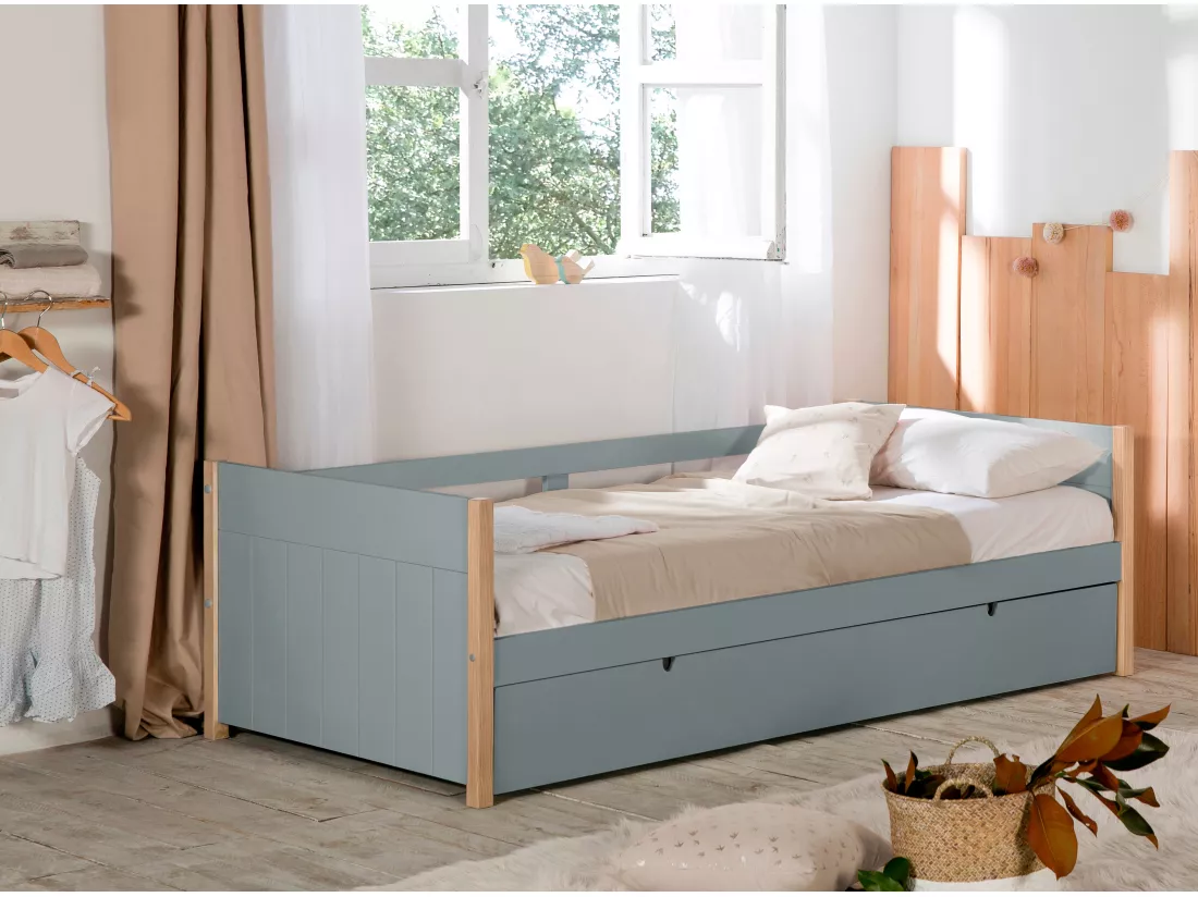 Lit gigogne 2 x 90 x 190 cm - MDF, pin et métal - Vert et naturel + Matelas - MAREKI