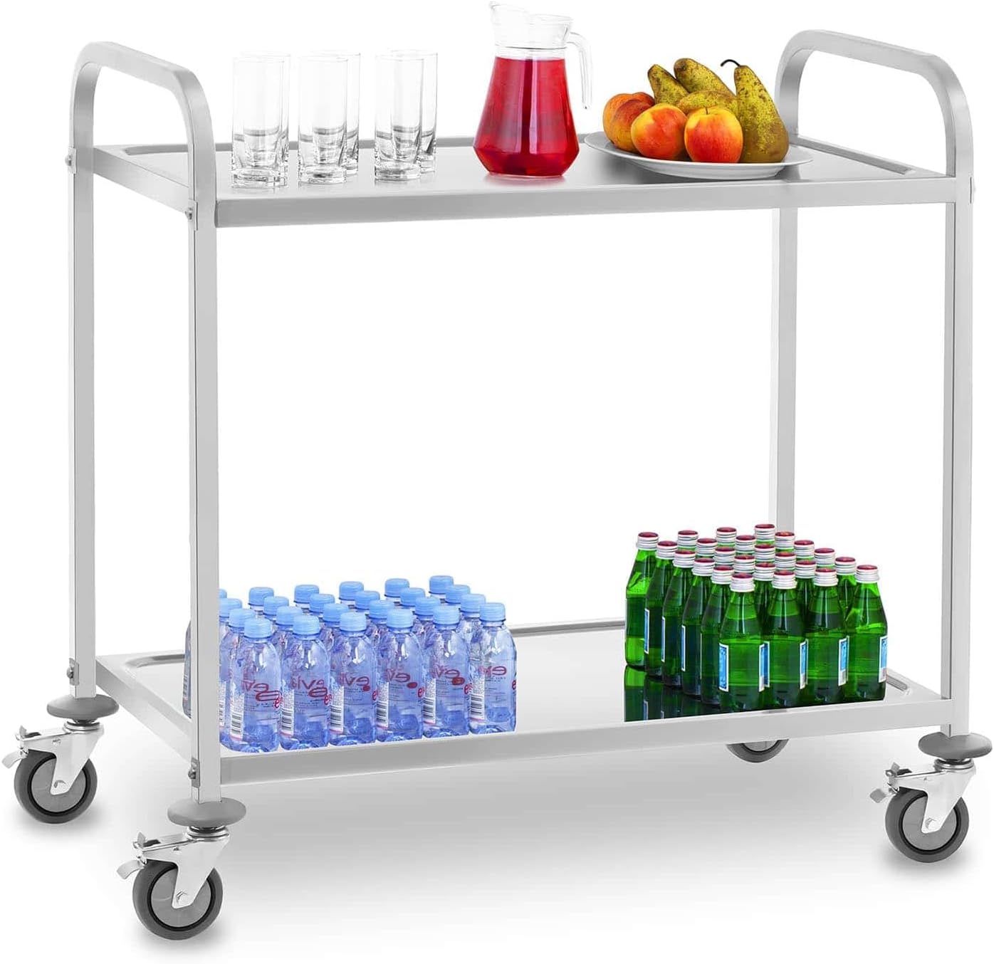 Royal Catering RCSW 3E Servierwagen Küchenwagen (2 Borde, 60 cm Abstand, vibrationsarme 360° drehbare Rollen, Feststellbremsen, bis 160 kg, Edelstahl)