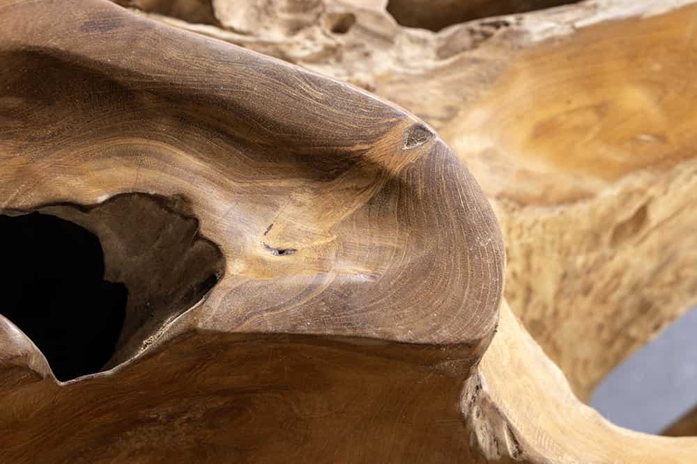 Runder Couchtisch ROOT 100cm natur Teak Massivholz aus Wurzelholz mit Glasplatte