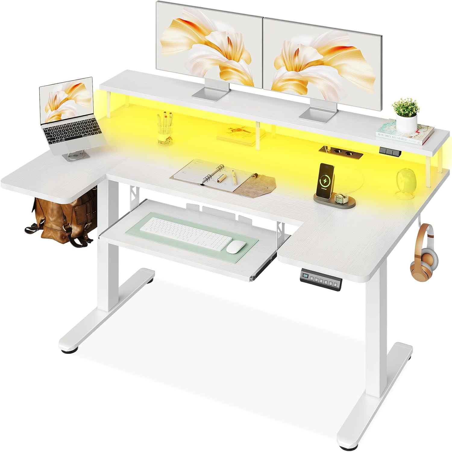 OffiGo U-förmiges Höhenverstellbarer Schreibtisch, 140 cm Elektrischer Steh-Sitz Tisch mit Monitorständer, Steckdosen & USB-Ladeanschluss, Standing Desk mit LED, Home Office Computertisch, Weiß