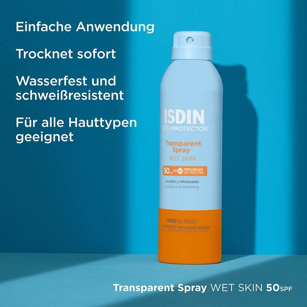 ISDIN Transparent Sonnenspray WET SKIN LSF50 wasserfester Sonnenschutz mit leichter Textur