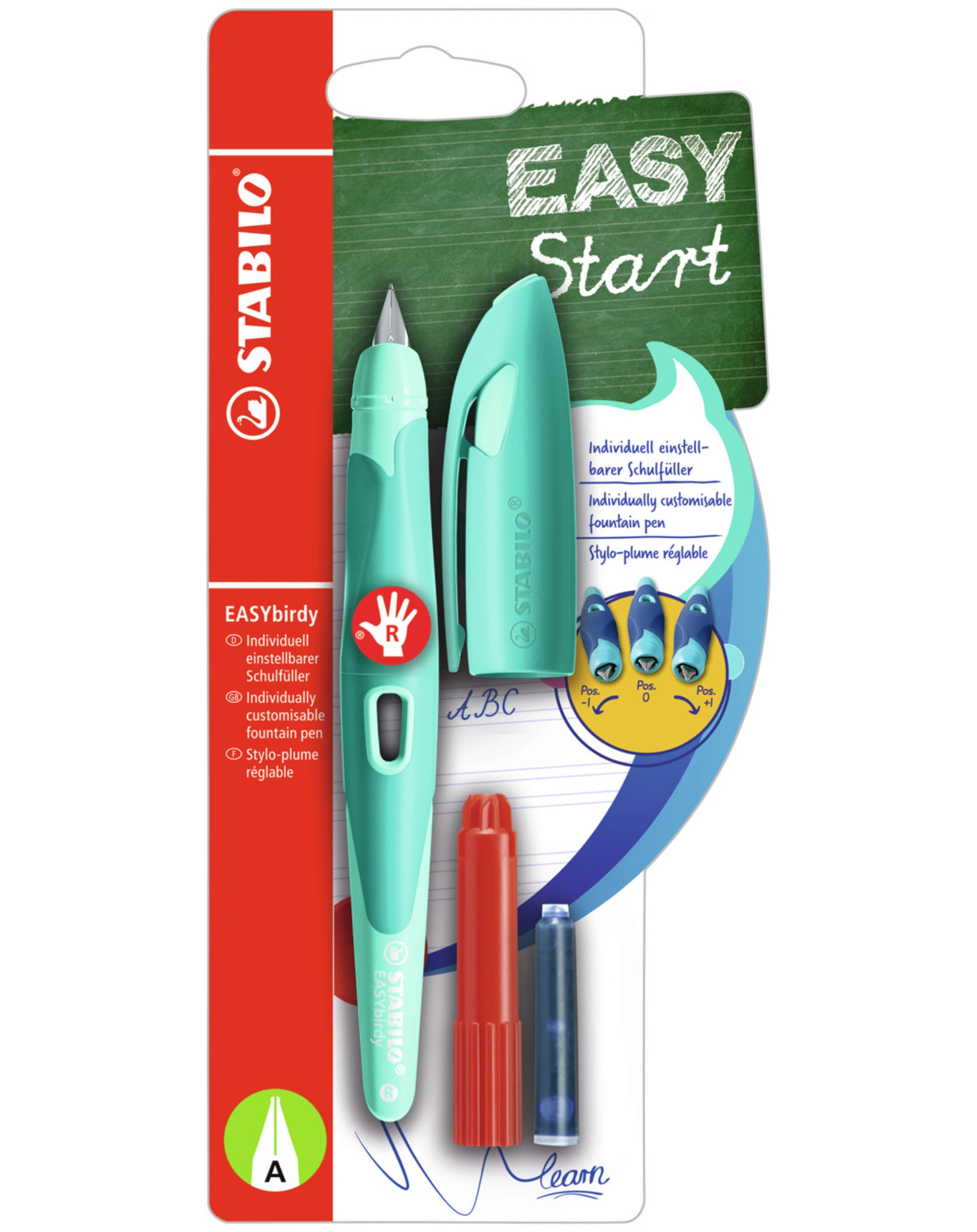 Schulfüller STABILO® EASYbirdy PASTEL Feder A für Rechtshänder in aqua grün/mint