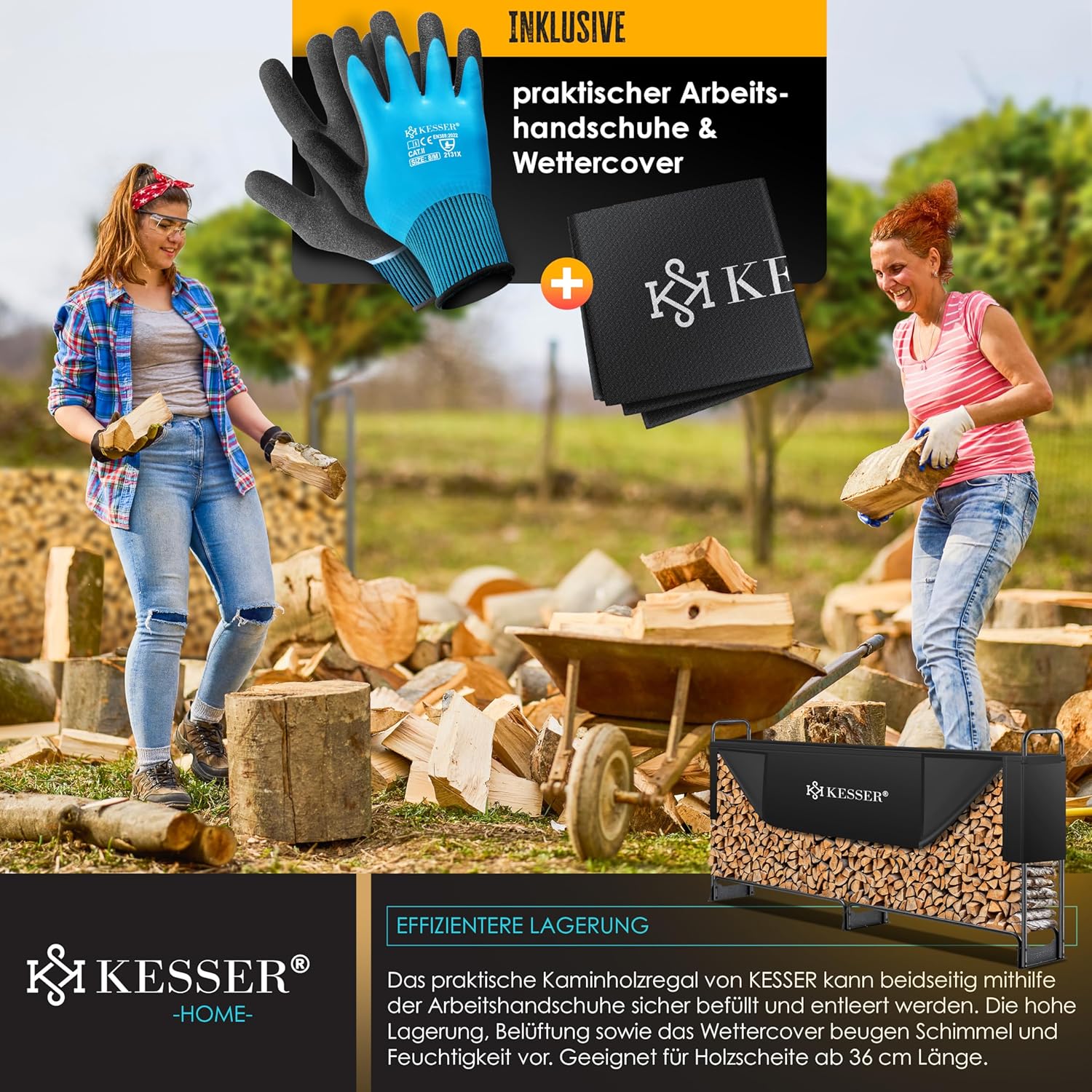 KESSER® Kaminholzregal Metall 260x36x117cm Brennholzregal außen Stahlrahmen + Abdeckung & Handschuhe Kaminholzunterstand 300kg Wasserdichter Holzlager Holzstapelhilfe für Garten Terrasse