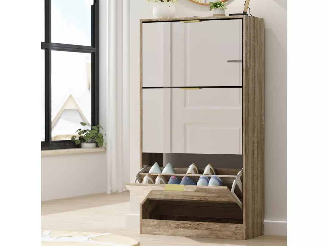 Meuble à chaussures miroir avec 3 abattants 5 niveaux 12 paires 107.5x54x24cm Bois