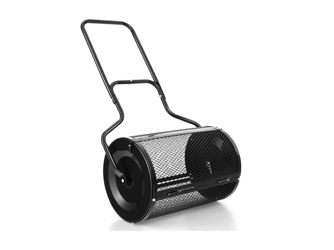 Épandeur à Compost de 60 cm Rouleau en Treillis Métallique, Épandeur de Gazon avec Poignée en Forme de ‘U’ Loquets Latéraux, pour Entretien du Jardin et Pelouse Noir