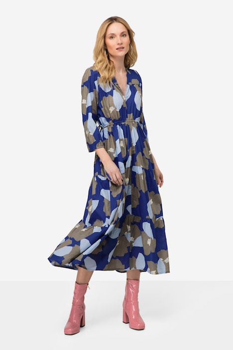 Kleid, Blüten Print, Stehkragen, 3/4-Ärmel