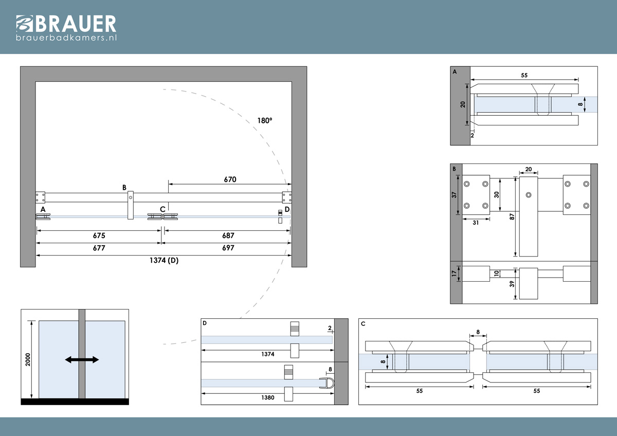 Brauer Void profielloze nisdeur 140cm met draaideur 70cm aan glas RVS geborsteld PVD