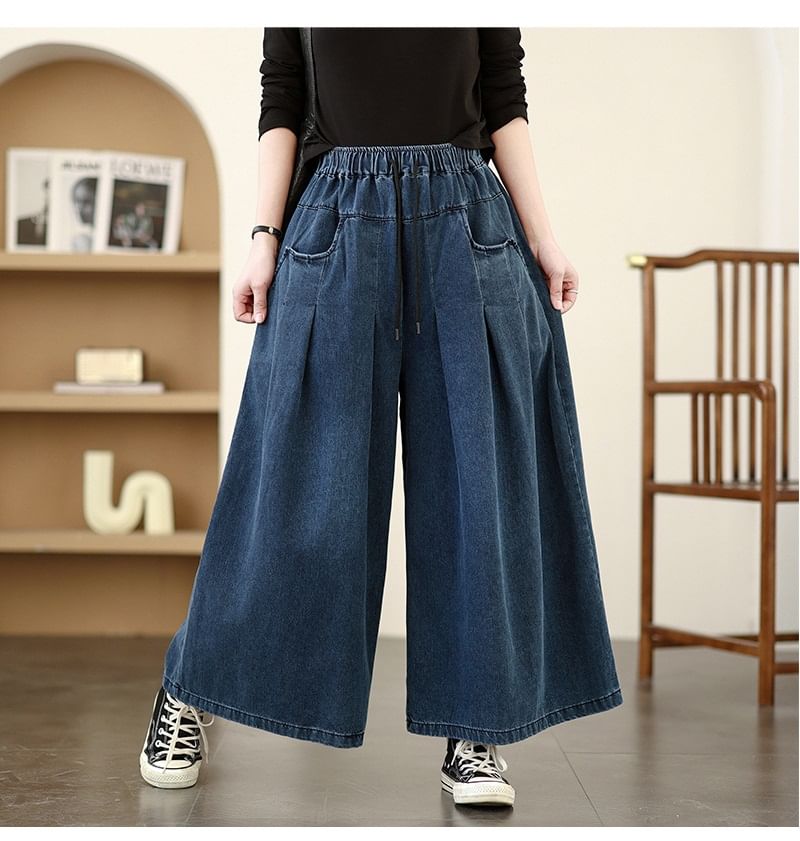 Lewwe - Gewassen denim culottes met trekkoordtaille