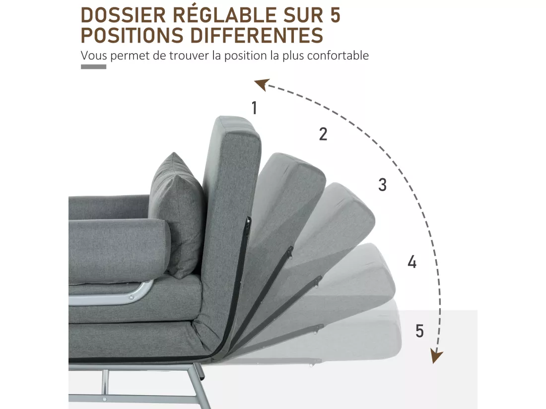 Fauteuil chauffeuse canapé-lit convertible inclinable 1 place grand confort coussin lombaires accoudoirs piètement métal lin gris foncé