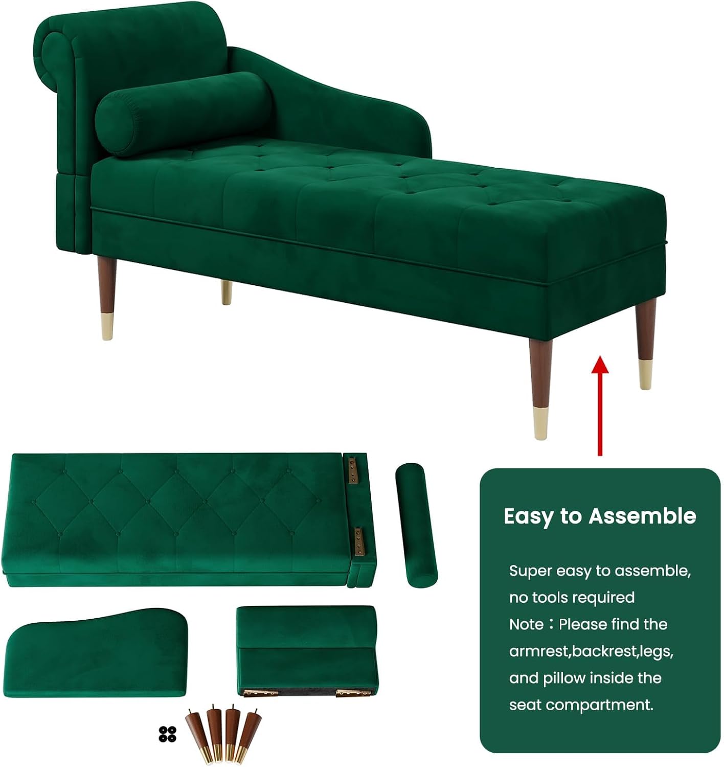 Vesgantti Velvet Chaiselongue, Indoor Lounge Sofa mit linker  Armlehne und Lendenkissen, Recamiere für Wohnzimmer, Schlafzimmer und Büro, Samt Loungesessel 149.5 x 54 x 76CM