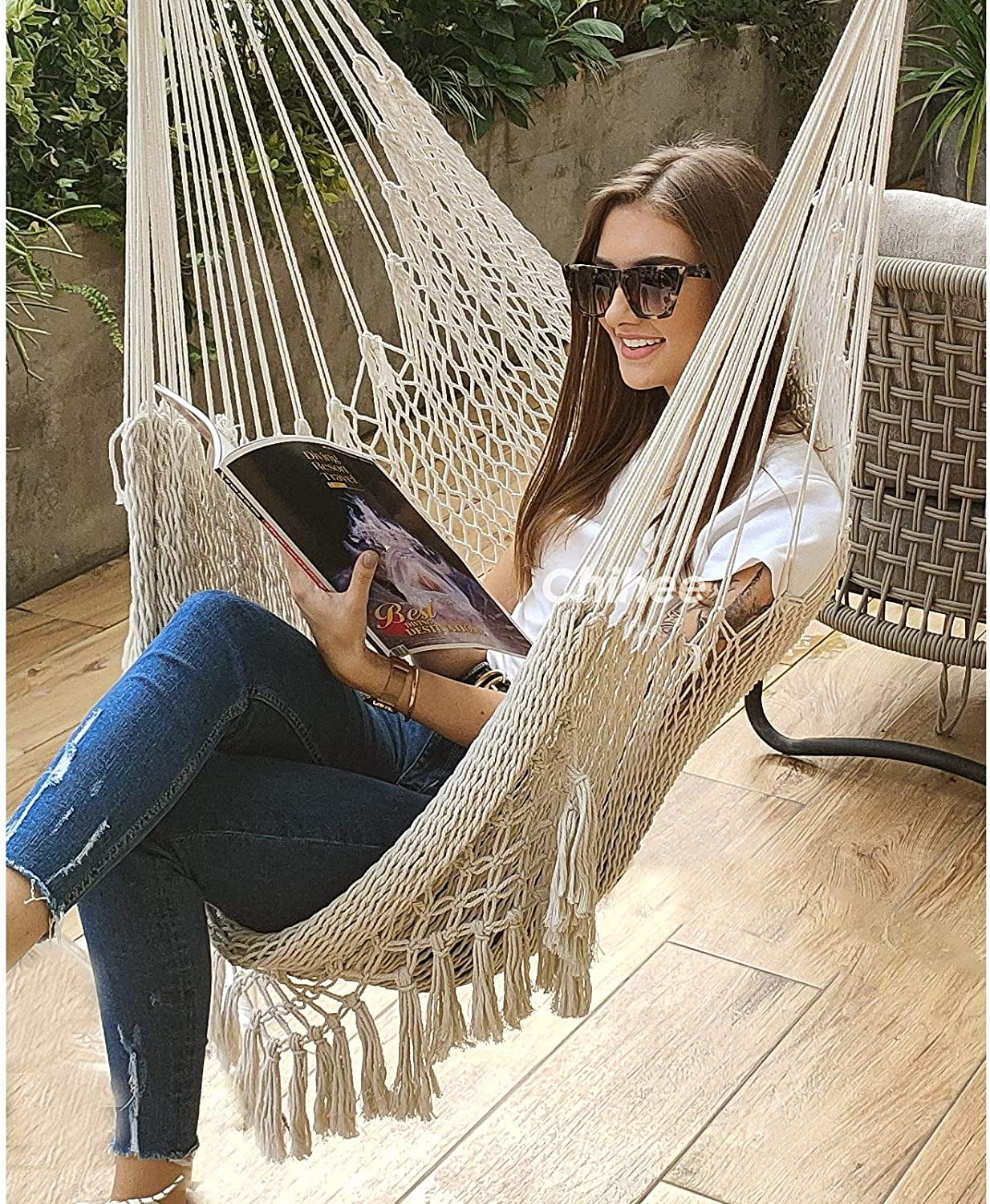 (100x146cm) Boho Hängeliege Makramee Schaukel Hygge Lifestyle (Outdoor/Indoor) - Beige