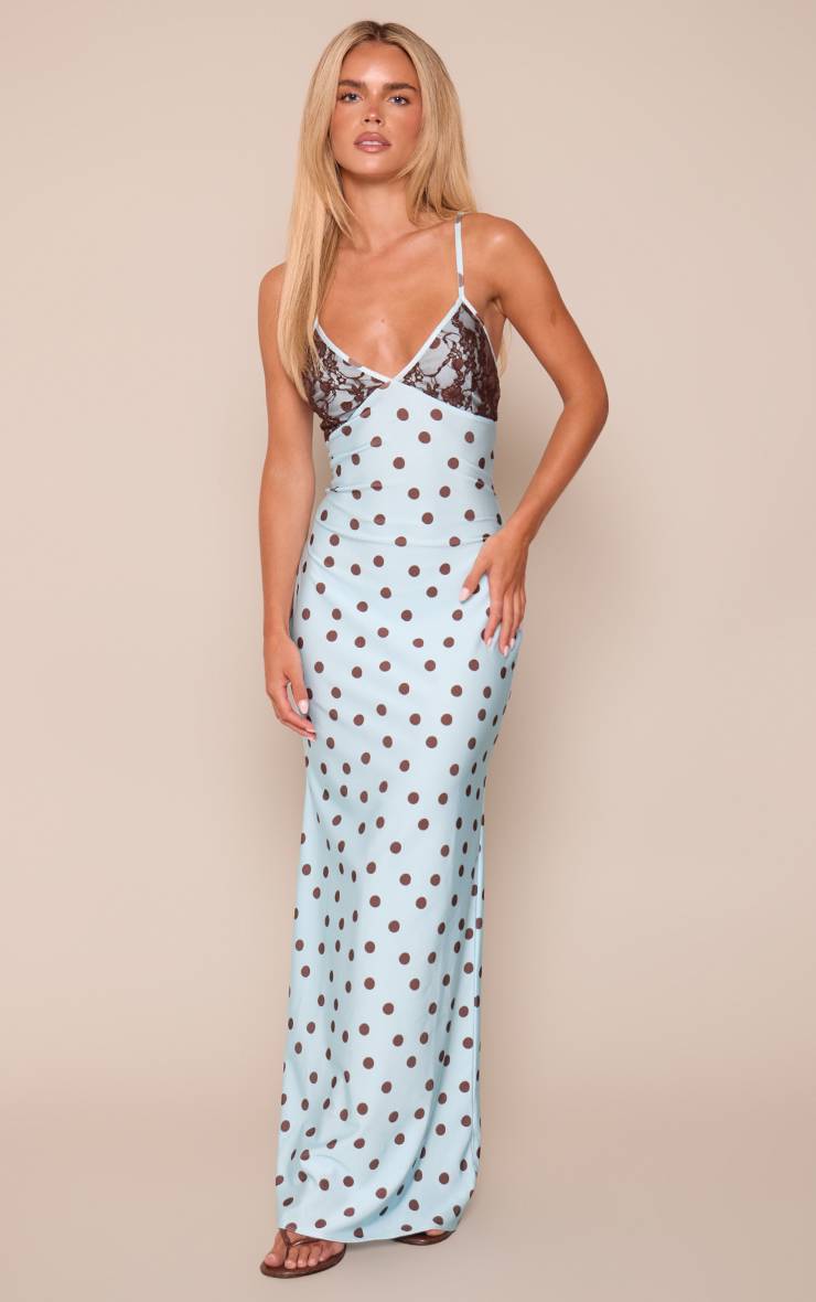 Bleu Layette Robe Longue Petite À Pois Avec Détails En Dentelle