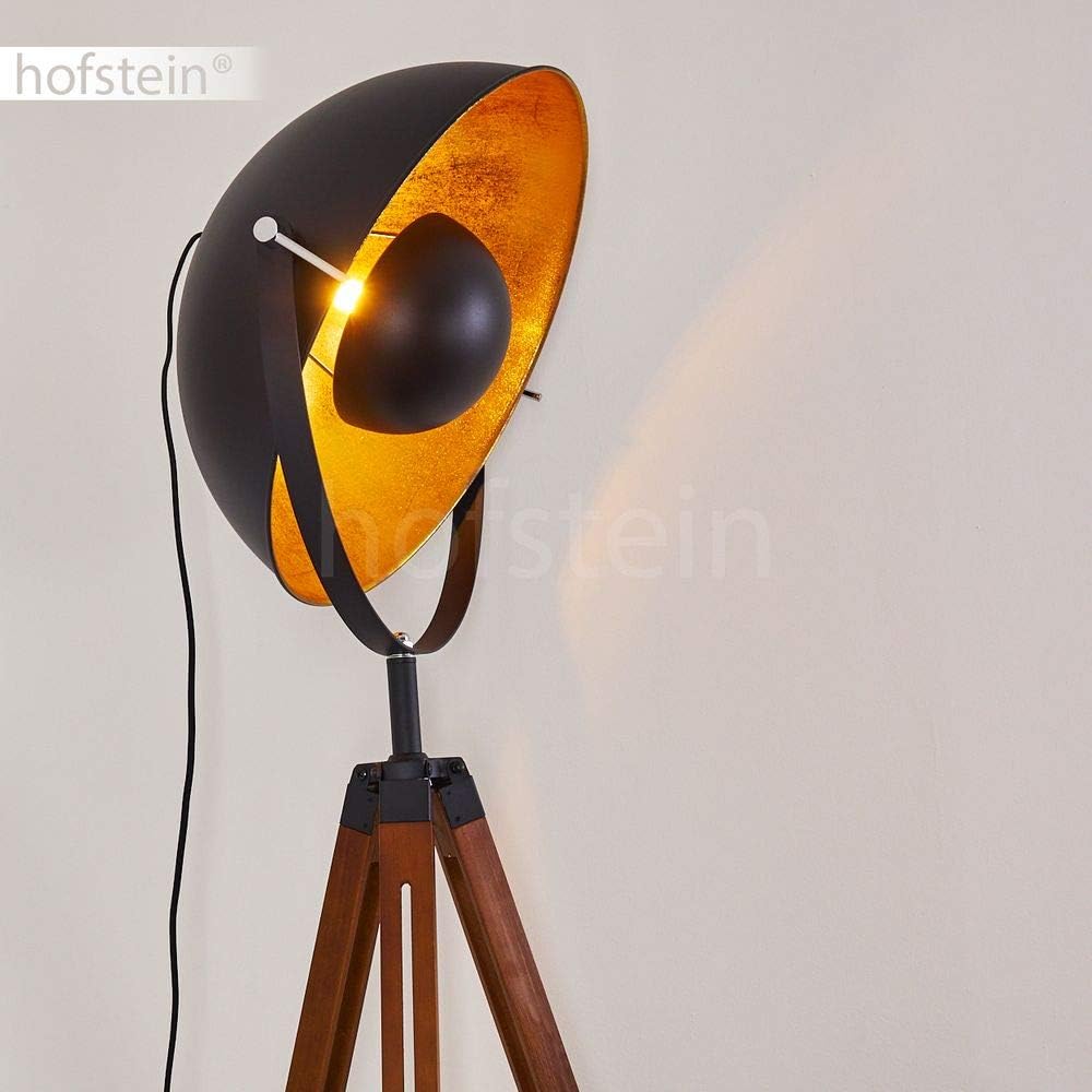 Stehlampe Jupiter, Vintage Stehleuchte in Schwarz/Gold aus Metall m. Gestell aus Holz, Ø 55cm, E27-Fassung, verstellbare Bodenleuchte im Retro-Design, ohne Leuchtmittel