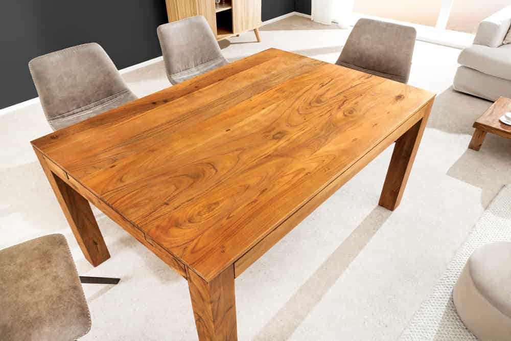 Massiver Holz Esstisch PURE 120-200cm natur honey finish Akazie mit Ansteckplatten