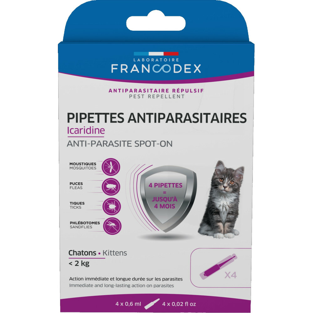 4 pipettes antiparasitaires icardine pour chatons moins de 2 kg