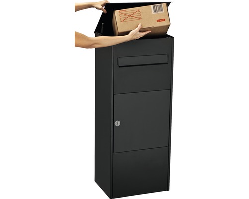 MEFA pakketbrievenbus, gegalvaniseerd staal, BxHxD 421/1010/344 mm, Eiken 480, gitzwart RAL 9005, structuurlak, toegang aan de voorzijde