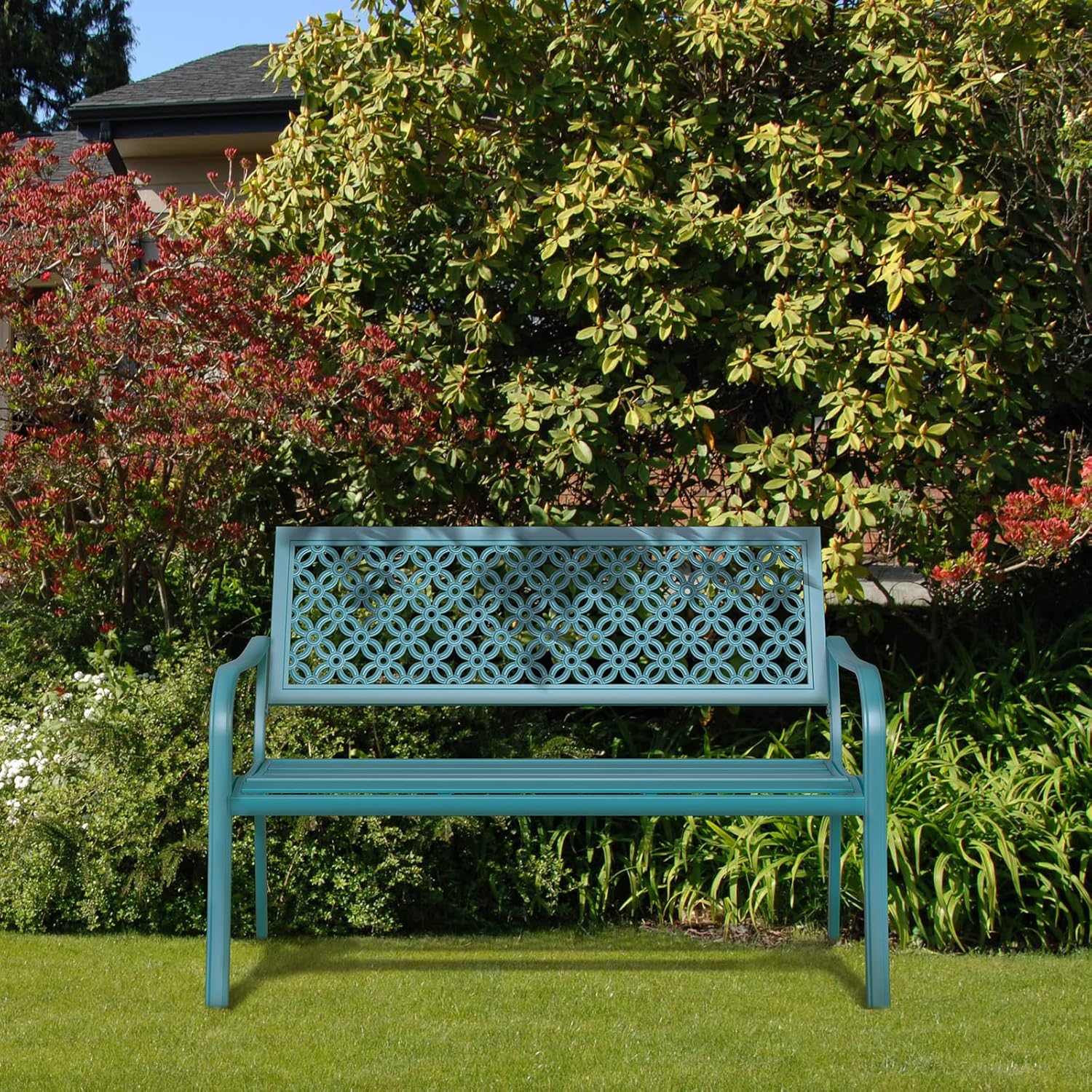 Grand patio Gartenbank Metall, Parkbank mit Rückenlehne & Armlehne, Eisenbank für 2-3 Sitzer, Ruhebank Retro-Stil, Gartenmöbel Stahl Gusseisen, Bänke für Garten, Park, Balkon (Frostige Minze)