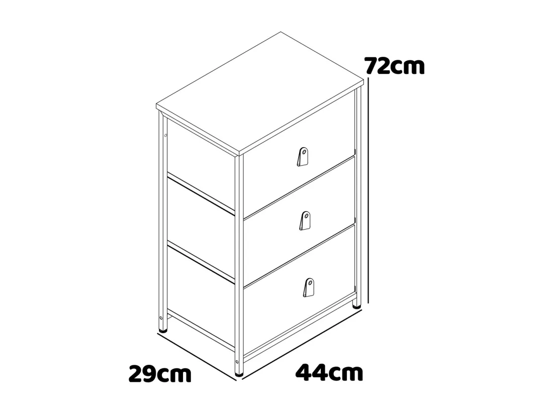 Fedra - Commode 3 tiroirs en tissu, façade et étagère supérieure en bois mélaminé stratifié