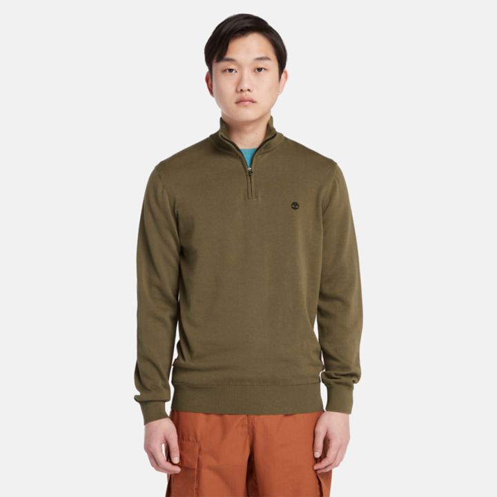 Suéter masculino Williams River de algodão com zíper até o peito na cor verde-escura