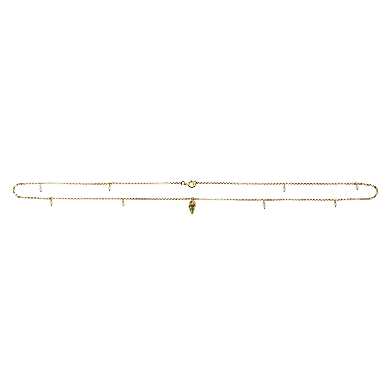 Collier mit 8 Rosenquarz Steine und Schnecken Anhänger, vergoldet