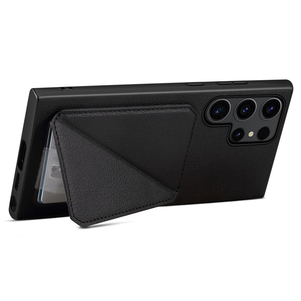 Samsung Galaxy S24 Ultra Leder Hülle mit Kartenfach   Origami Kickstand Aufsteller im Litchi Look - Schwarz