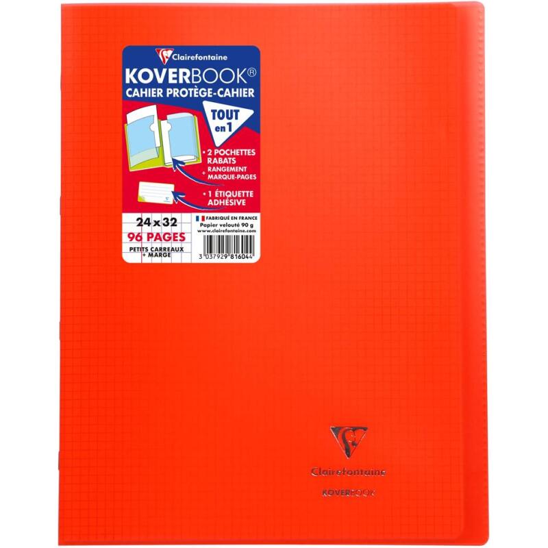 Cahier piqué Koverbook 24x32cm 96 pages petits carreaux + marge couverture polypropylène transparent - Rouge