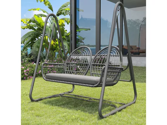 Chaise de balançoire jardin rotin synthétique 2 sièges dossier gris foncé coussins ensemble de mobilier de jardin gris