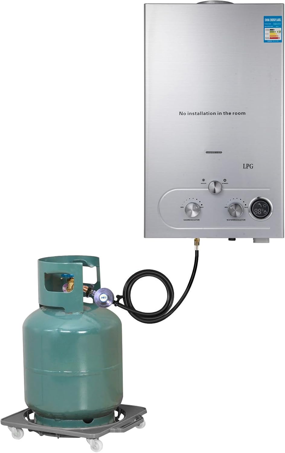 LPG Flüssiggas-Durchlauferhitzer, 18 L, 36 kW, LPG, tankloser Warmwasserbereiter mit verzinktem Duschkopf und Duschschlauch, für Bad/Küche/Wohnmobil (Silber, 18 L)