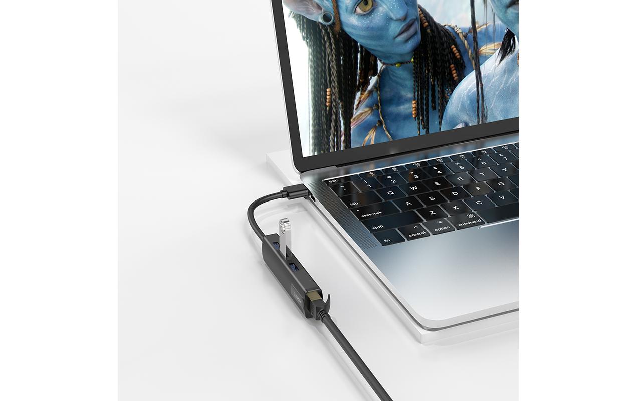 USB-A-Hub 3A1RJ45Leichter und kompakter Hub mit 3 USB-A-Ports und 1 RJ45-Port