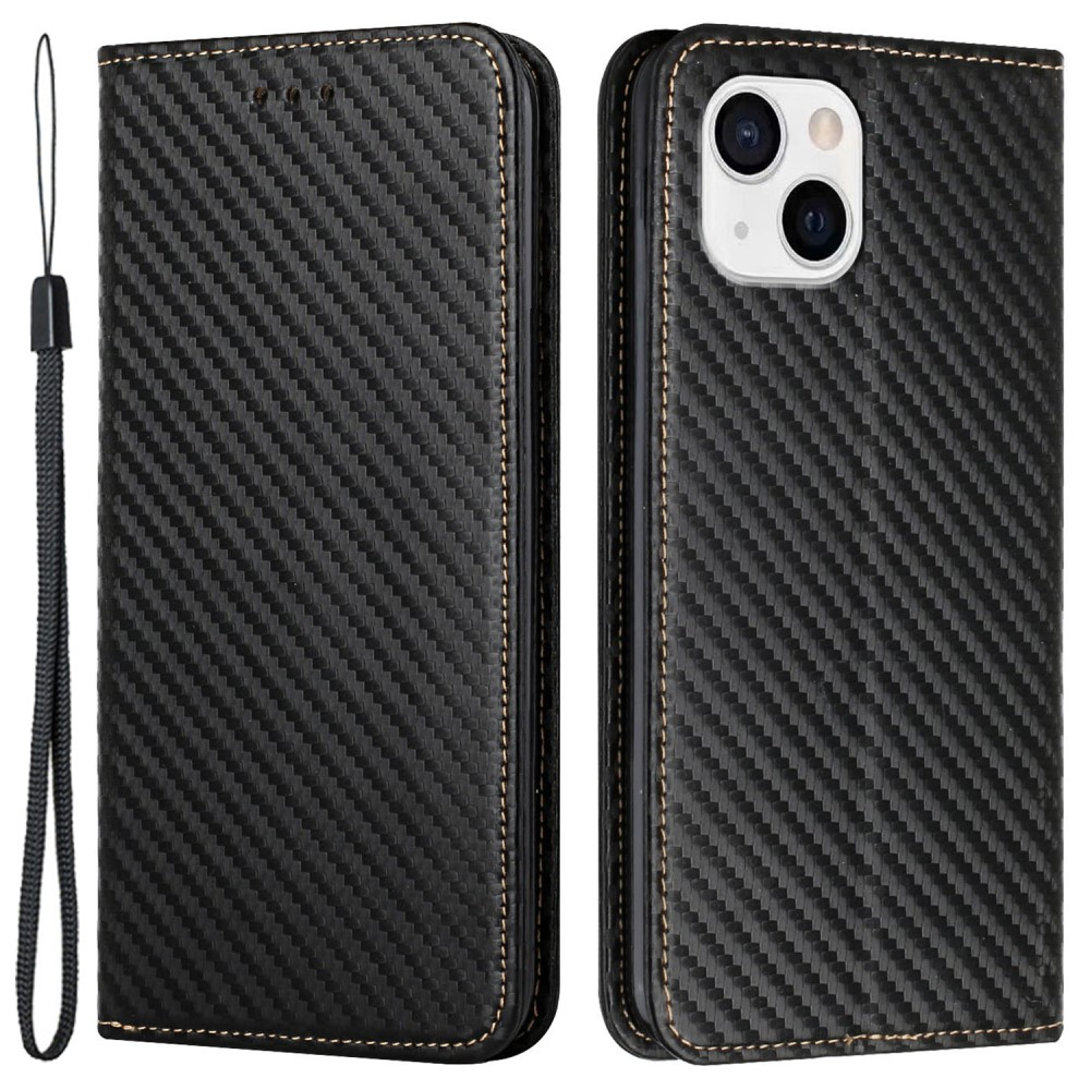 iPhone 15 Leder Tasche Flip Cover Carbon Look - Schwarz