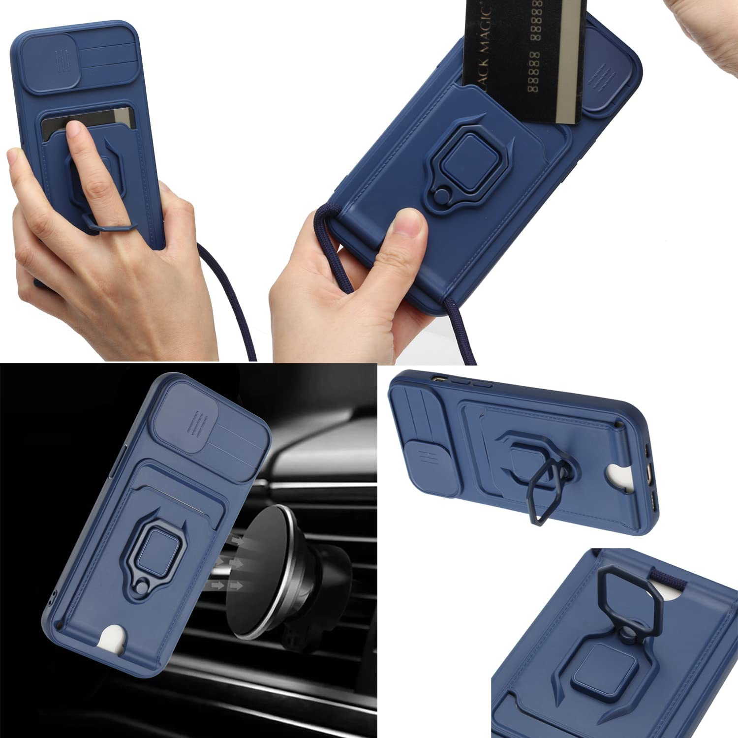 iPhone 14 Pro Necklace Leder Hülle mit Kartenfach   Kickstand Haltering   Handykette (140cm)   Cam-Slider Kameraschutz - Dunkelblau