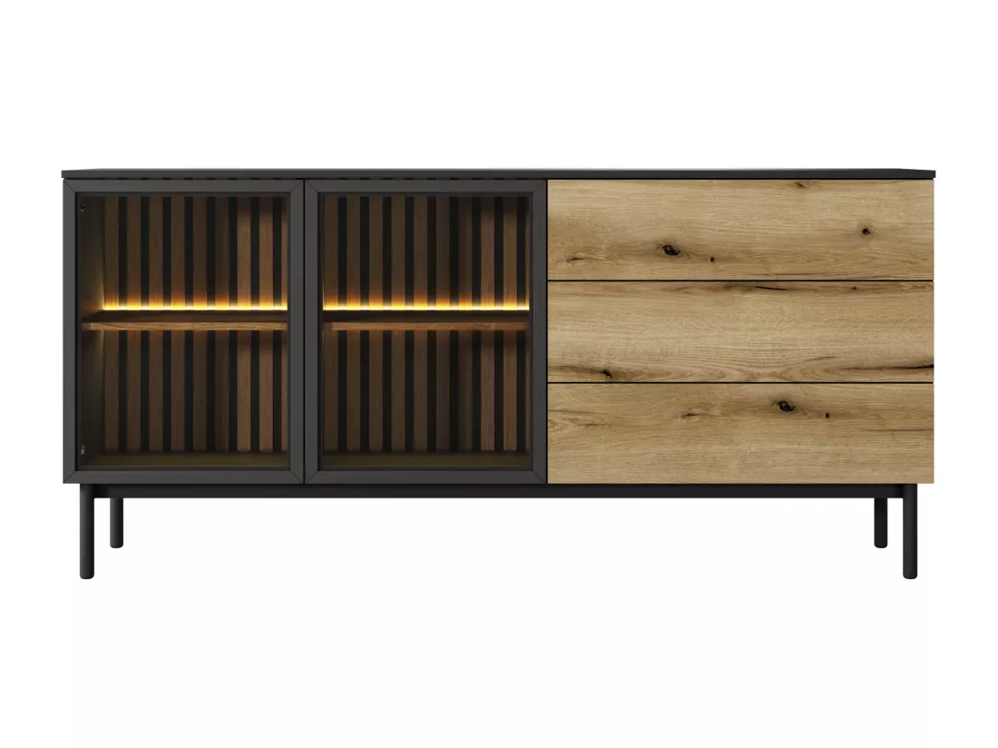 Buffet 2 portes et 3 tiroirs avec LEDs - Naturel et noir - LABENIA