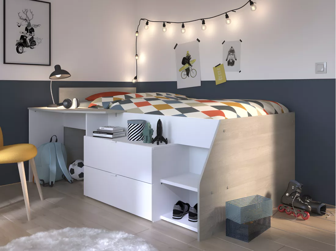 Lit avec bureau et rangements - 90 x 190/200 cm - Blanc et naturel - GISELE