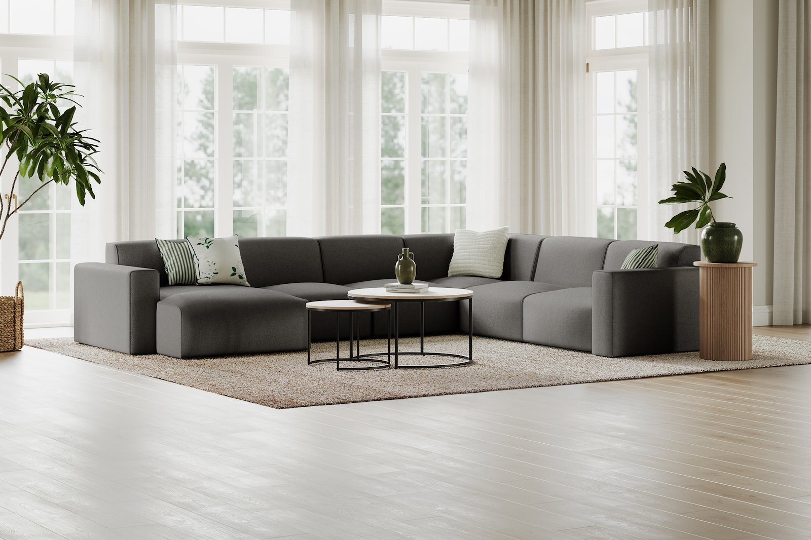 Styl U-sofa Sjeselong venstre, 2-seter og 2-seter høyre. Tekstil Lombardo 7 Antracite med sorte ben.