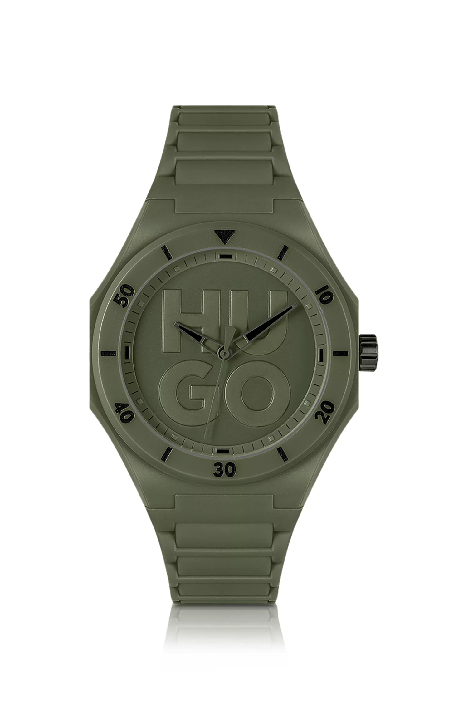 Relógio HUGO vermelho e verde com pulseira de silicone na mesma cor.