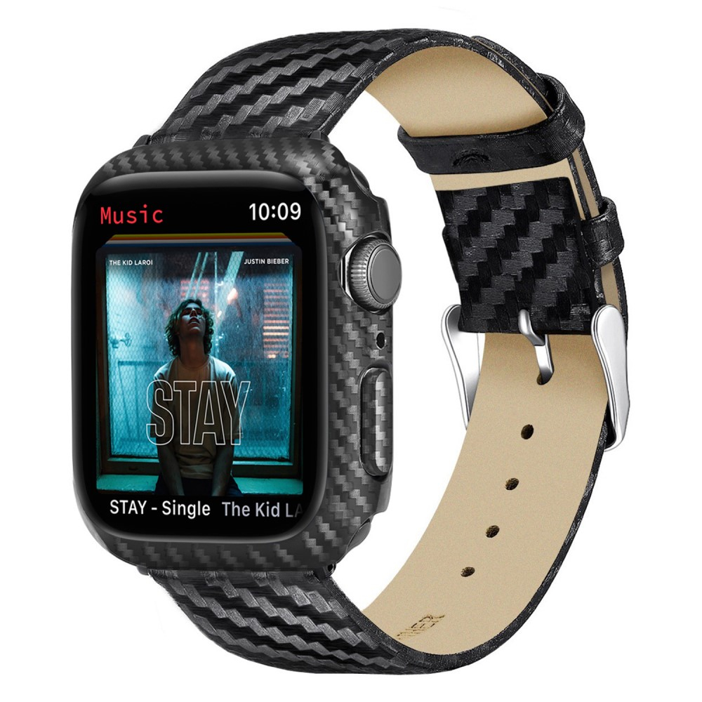 Apple Watch (49/45 mm) Echtleder Armband   (45 mm) Bumper Case im Carbon Look - Schwarz