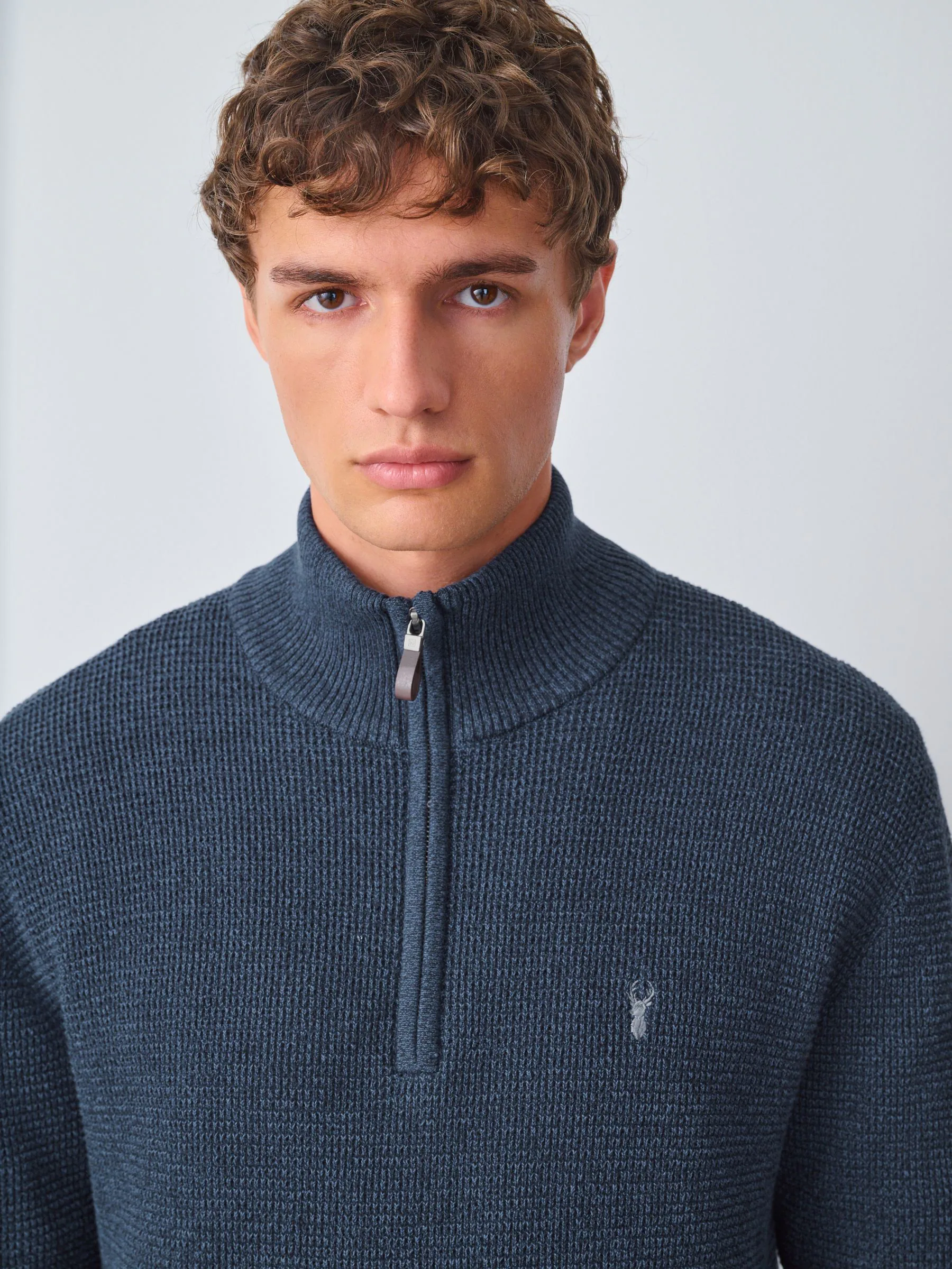 Blauw - Hertlogo - Regular Fit 100% Cotton Textured Premium Quarter Zip Jumper