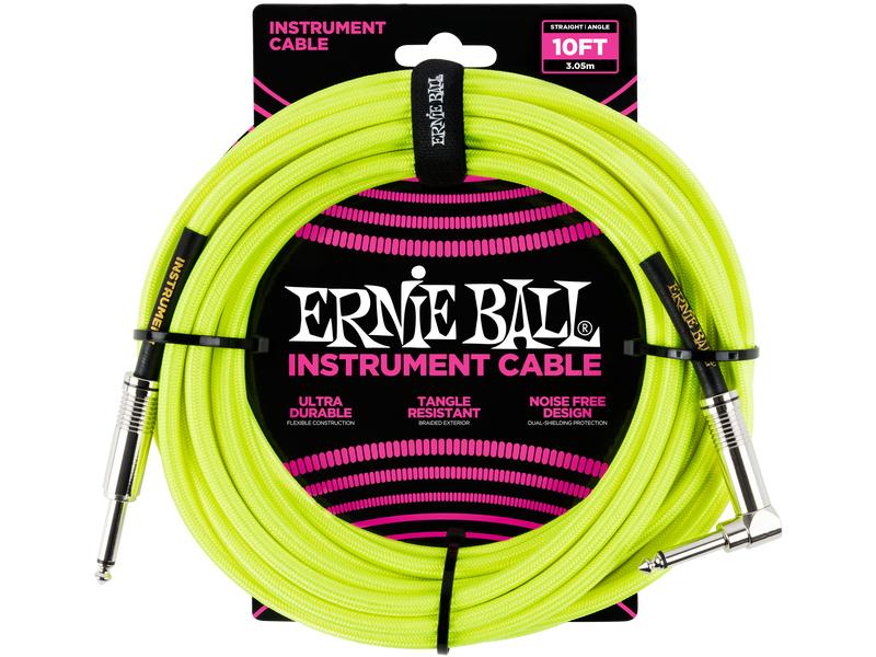 Ernie Ball Instrumentenkabel 6080 – 3.05 m, Neongelb Geflochtenes Standardkabel für Instrumente, Klinke-Winkelklinke