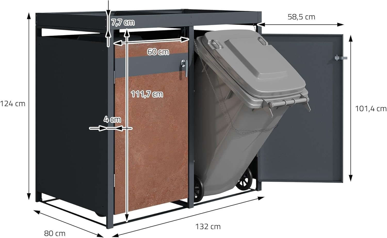 ML-Design Mülltonnenbox 2er mit Pflanzdach für 2 Tonnen, 240L 132x80x124 cm, Rost-Optik, Stahl, wetterfest, Abschließbare Mülltonnenverkleidung mit Tür, Müllbox Mülltonnecontainer Mülltonnenabdeckung