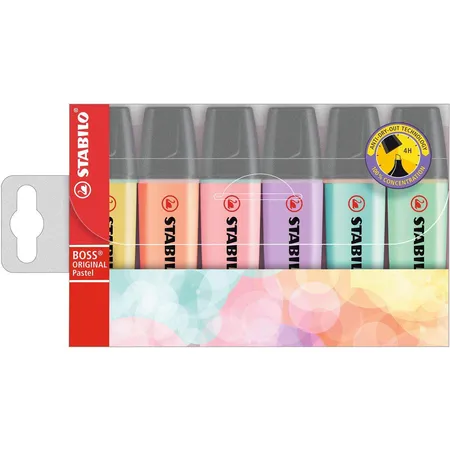 Textmarker - STABILO BOSS ORIGINAL Pastel - 6er Pack - pudriges Gelb, cremige Pfirsichfarbe, rosiges Rouge, Schimmer von Lila, Hauch von Minzgrün, zartes Türkis