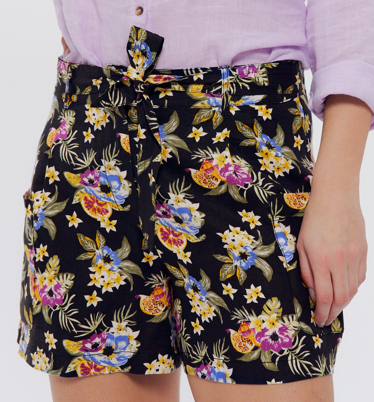 Short en lin imprimé Femme - Imprimé noir